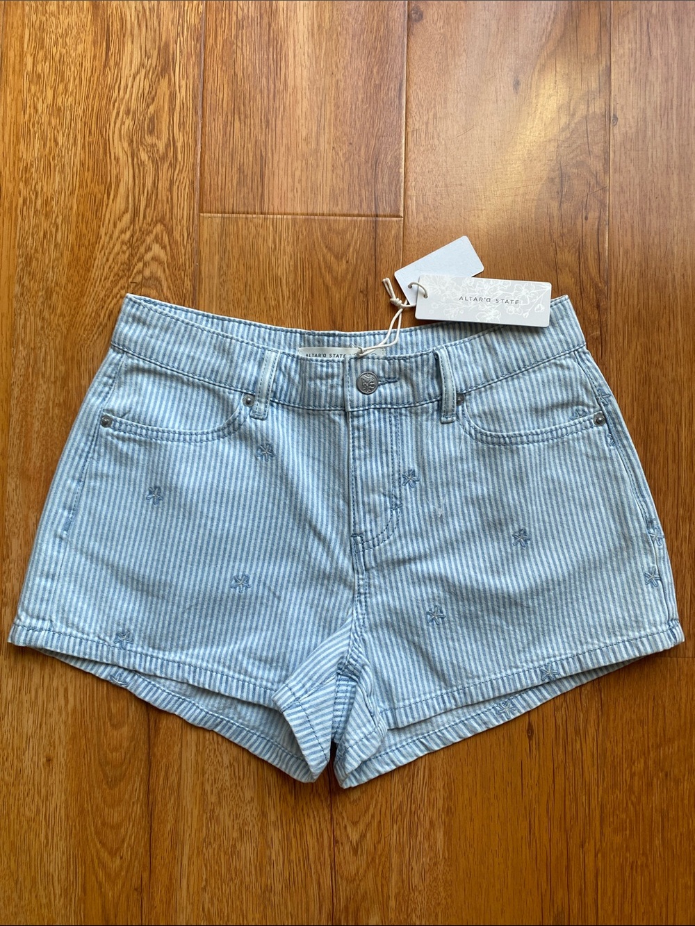 Altar'd State Light Blue & White Striped Star-Embroidered Jean Shorts